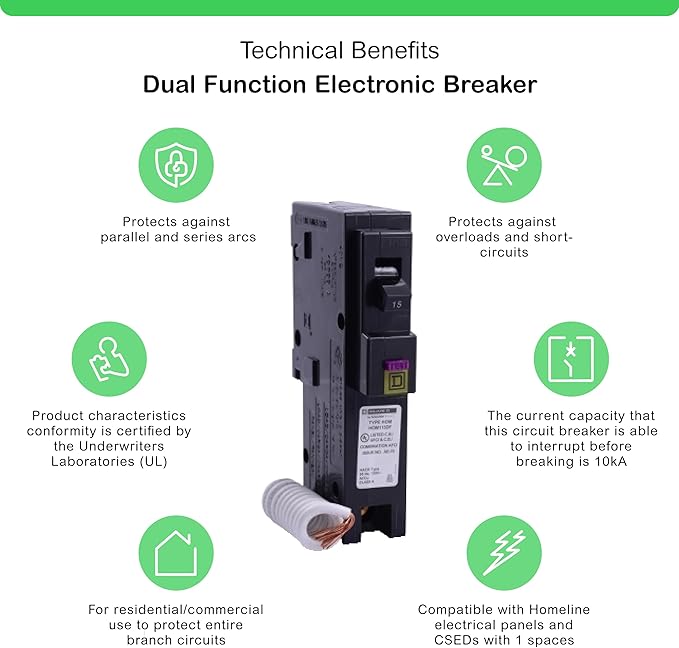 Square D HOM115DFC 15A Single-Pole Dual Function Circuit Breaker (AFCI/GFCI)