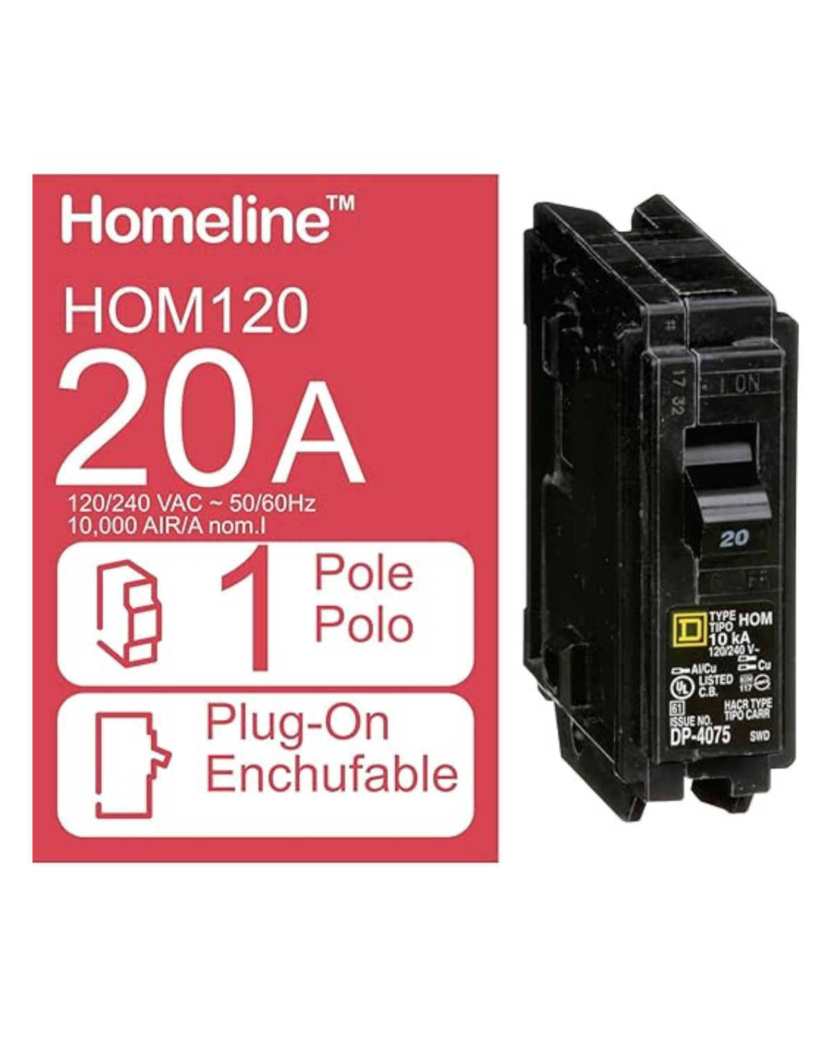 Square D HOM120 20A 1-Pole Circuit Breaker (Pack Of 10)