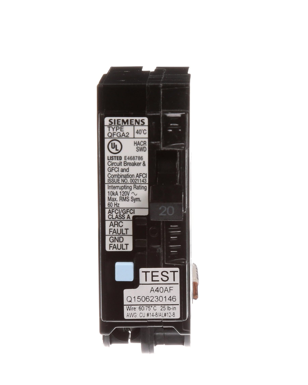 Siemens Q120DF 20A Single-Pole Dual Function AFCI/GFCI Circuit Breaker